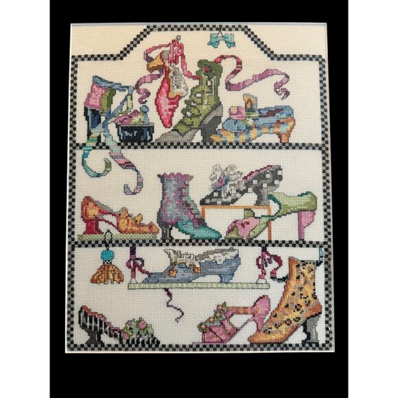 Framed Cross-Stitch Artwork Shoes Design Handmade Bucilla Silver in color frame - Picture 7 of 10